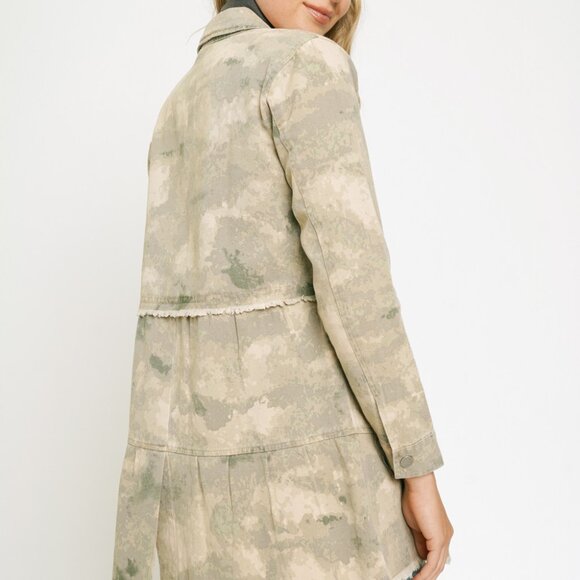 MYSTREE TIERED LONG TRUCKER JACKET Camo Utility Shacket, Beige Green Distressed - Picture 8 of 10